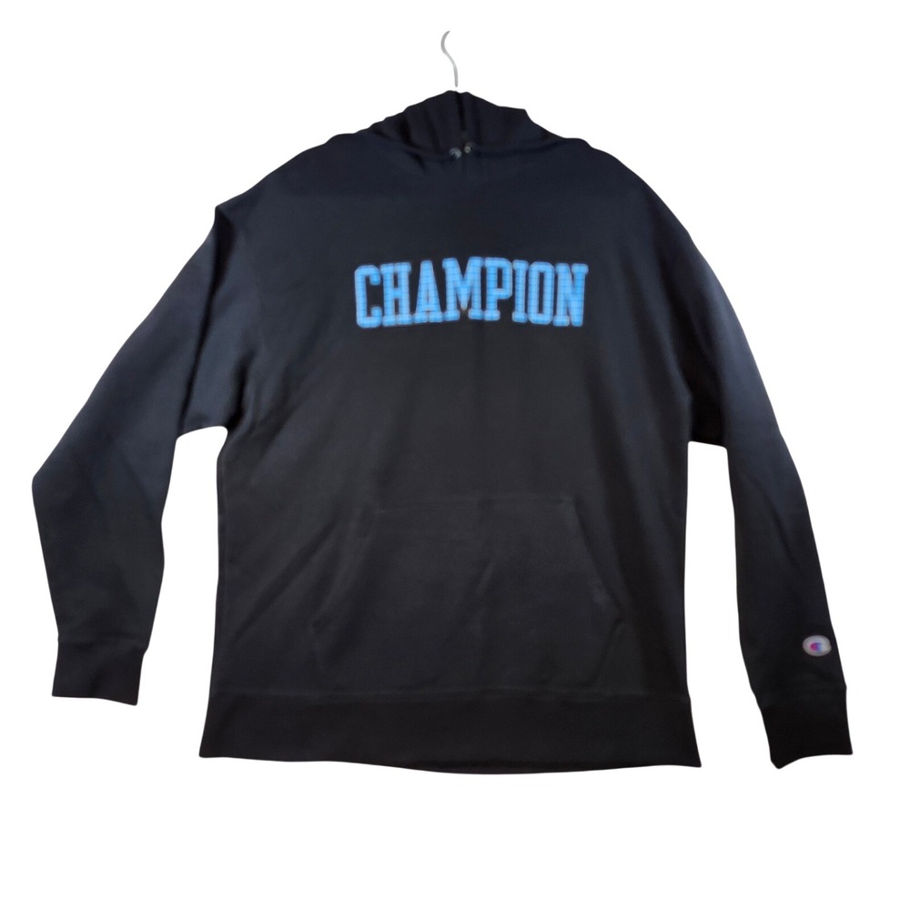 Champion Mens XL Black Pullover Hoodie Blue Grid Logo Graphic AW966H Sportswear